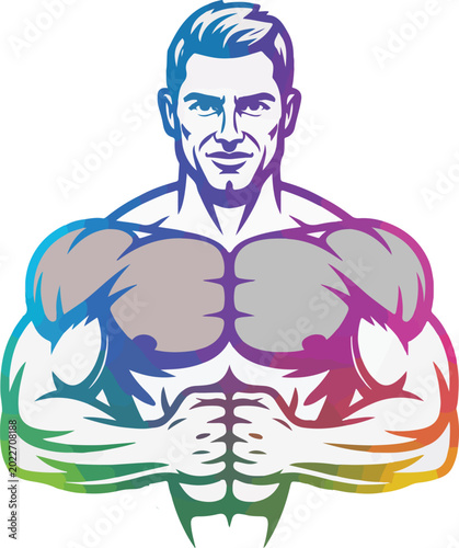 Muscular bodybuilder vector illustration, colorful fitness man mascot with rainbow gradient, athletic male gym logo for bodybuilding and sports branding