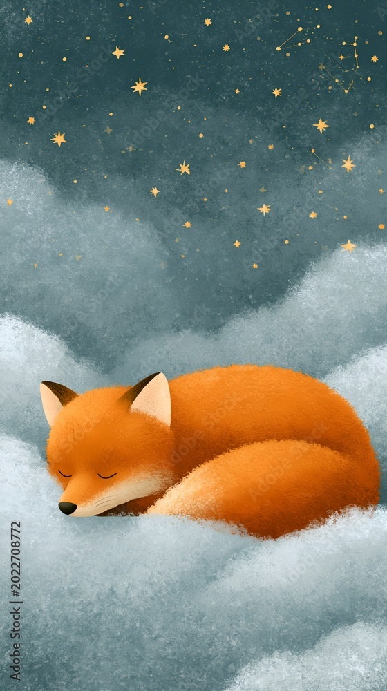 Fototapeta premium Red fox curled asleep on fluffy clouds under glowing stars