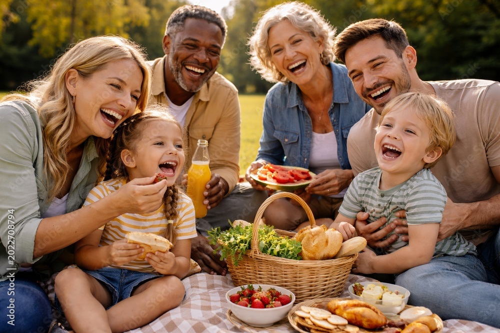 Fototapeta premium Happy family gathering for outdoor picnic