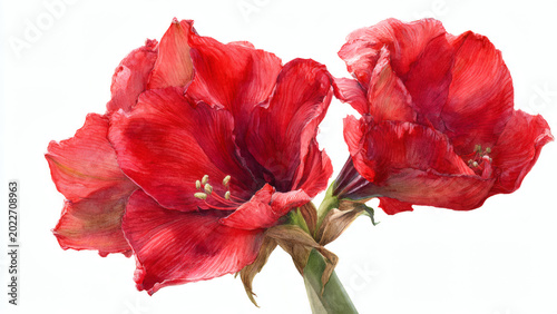 Vibrant red flowers bloom on a green stem in a serene natural setting with petals unfolding.