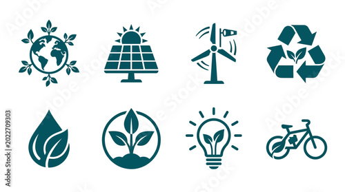 Fotografía Collection of eco-friendly icons representing sustainability, renewable energy,