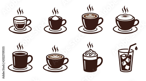 Foto A variety of hot and cold coffee drinks displayed in artistic sketches, showcasi