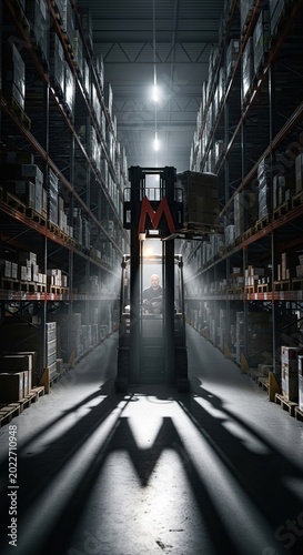 Warehouse Interior - Forklift in a Dark, Industrial Setting.