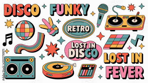 retro disco themed sticker collection with vibrant typography and musical elements on white background