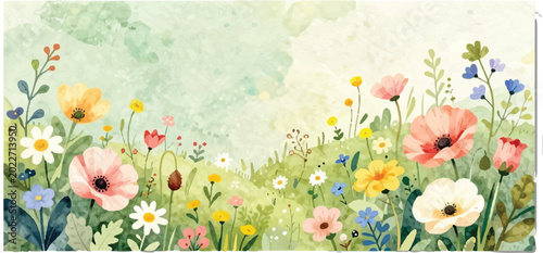 Watercolor wildflower meadow landscape banner with colorful spring poppies and daisies on textured green background