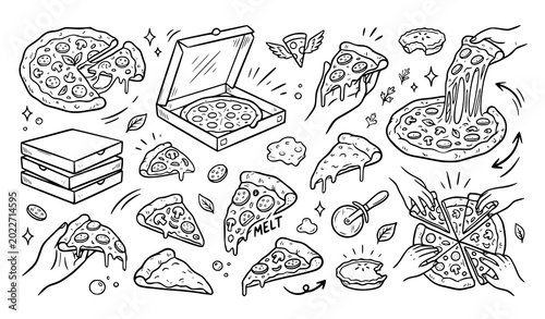 Hand drawn pizza doodle illustration set vector pizzeria collection