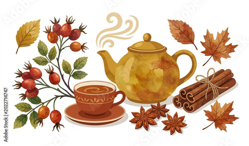 Foto Watercolor Textured Autumn Tea and Herbal Spices Flat Vector Illustration