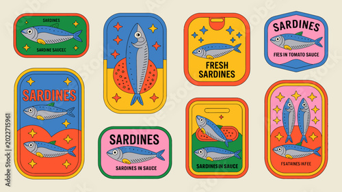 colorful sardine can labels with fish illustrations and decorative elements vector illustration