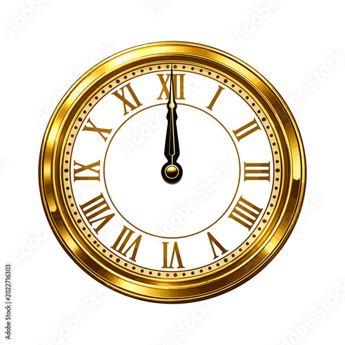 Gold Clock Illustration, Gold clock face with Roman numerals showing 12:00, symbolizing time, tradition, and festivity