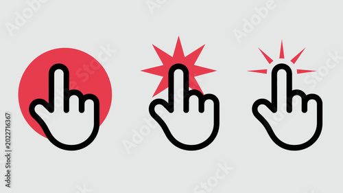 Foto pointing hand icons with red circle starburst and rays ui elements for touch and