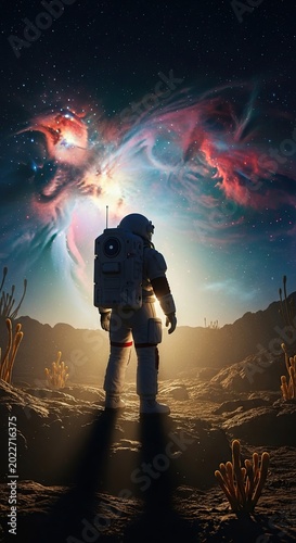 Astronaut Explores Cosmic Wonders Amidst Celestial Spectacle.
