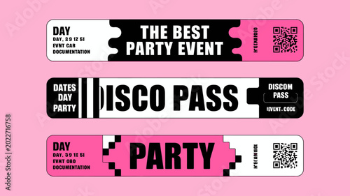 Bild auf Leinwand Three event tickets with bold text and qr codes vector illustration on pink back