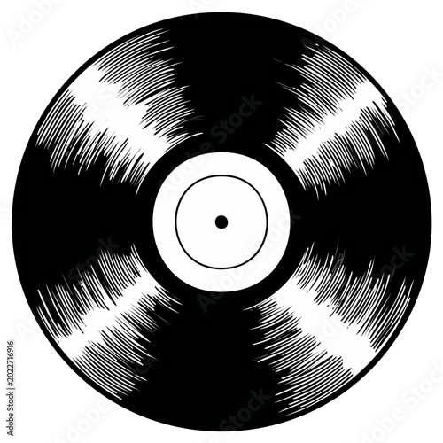 Black vinyl record with radial grooves and central label in a stylized illustration