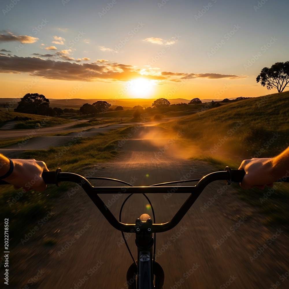 Obraz premium Rider's perspective on a dirt track during sunset, dust trails, open landscape