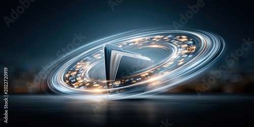 File transfer concept with glowing folder orbiting digital ring and dynamic light motion
