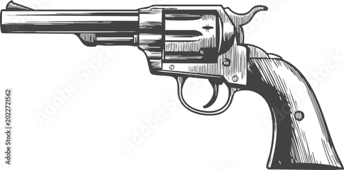 Quadro su tela Engraved vector vintage revolver handgun drawing illustration, line art