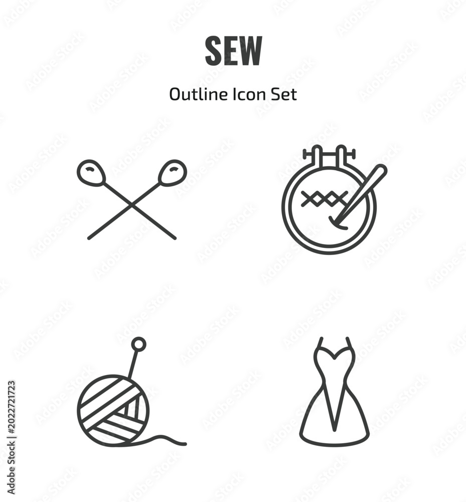 Fototapeta premium sew outline icon set. thin line knitting neddles, embroidery hoop, wool ball, clothing icons. editable vector