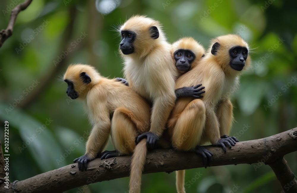 Fototapeta premium Four yellow monkeys sit close together on a tree branch. One baby monkey clings to its mother back in a lush green jungle. A small primate family rests peacefully in the wild rainforest.