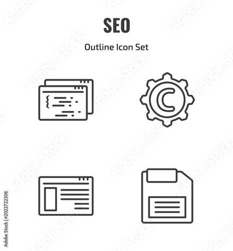 seo outline icon set. thin line page, copyright, ux de, floppy disk icons. editable vector