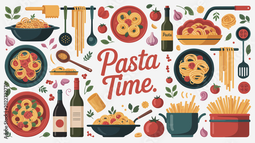 Quadro em tela colorful pasta illustration with ingredients and dishes on a white background