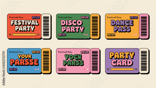 Billede på lærred festival pass tickets with colorful text and barcode design on a beige backgroun