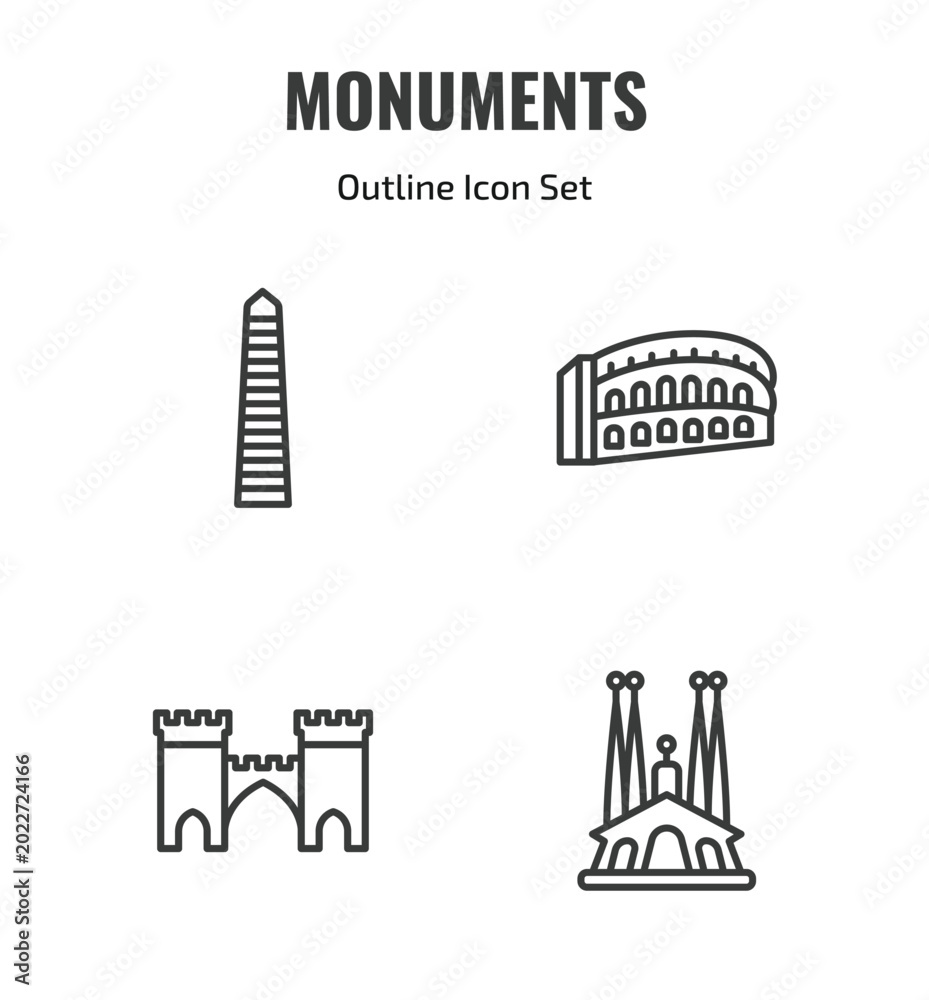 Obraz premium monuments outline icon set. thin line walled obelisk, pula arena, medieval, spain icons. editable vector
