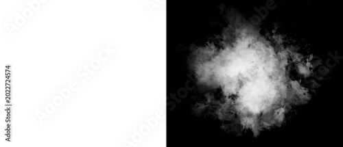 Atmospheric white smoke explosion on black background, ethereal steam cloud texture, realistic fog and mist overlay for creative compositing