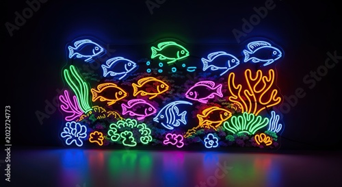Neon Underwater Scene - Glowing Fish and Coral Reef.