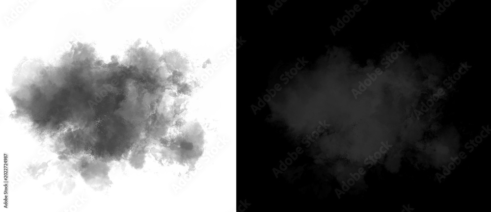 Fototapeta premium Atmospheric black smoke cloud on white background, dark gray steam burst with alpha channel mask, realistic thick smog and vapor texture