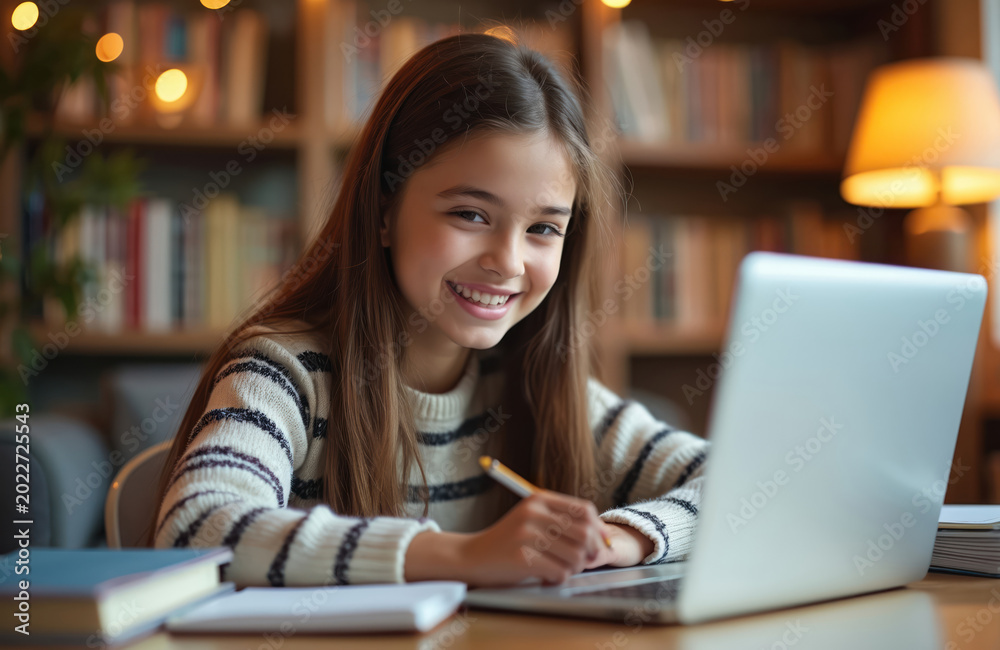 Fototapeta premium Smiling girl learns online with laptop. Young student writes in notebook, studies at home. Teenage pupil does homework with pen, books nearby, ready for tests, wears sweater.