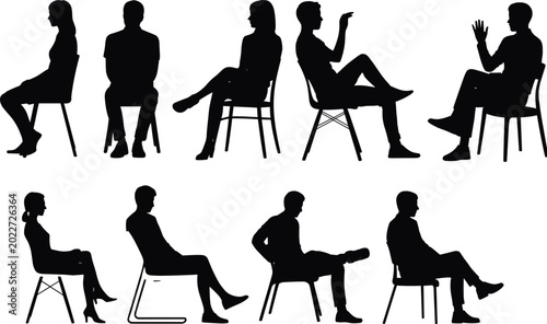 Obraz na płótnie Silhouette collection of seated people, diverse sitting postures, chair variatio