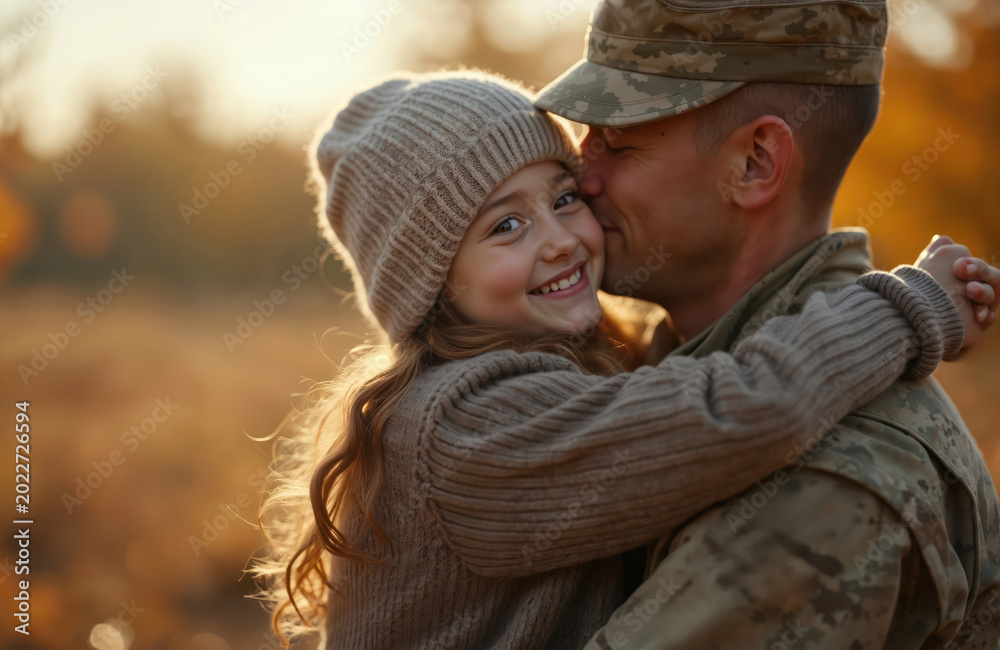 Fototapeta premium Soldier hugs daughter in autumn. Family reunion outdoors with warmth and joy. Child embraces father, feeling safe and loved. Their bond shows deep affection and happiness.
