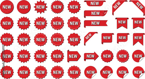 Fotografie Collection of red and white new arrival labels and badges vector illustration on