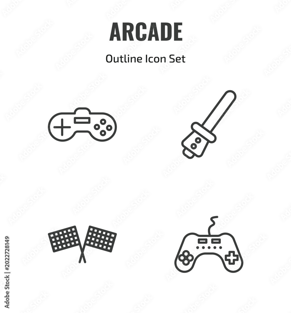 Fototapeta premium arcade outline icon set. thin line video game, lightsaber, racing, controller icons. editable vector