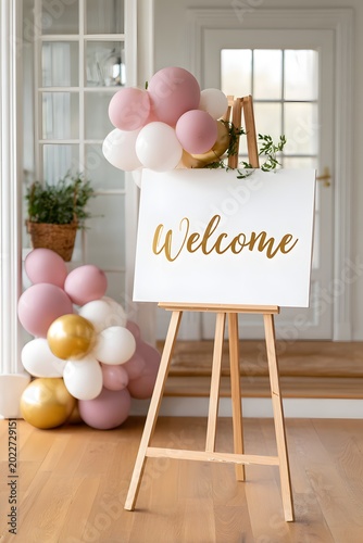 Welcome sign stands on easel at entrance for a party celebrating a baby girl