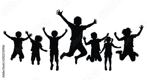 Group of jumping children in black silhouette