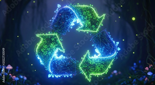 Glowing Recycling Symbol in Forest Environment.