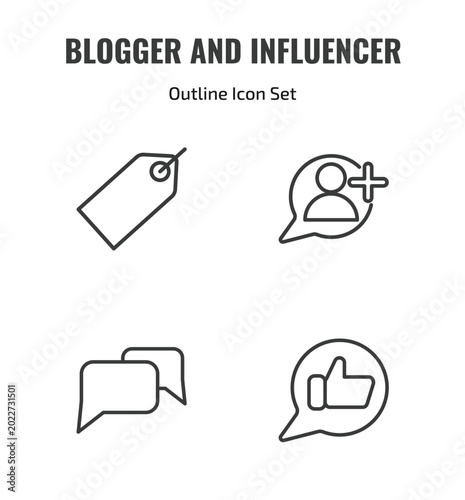 blogger and influencer outline icon set. thin line label, follower, conversation, likes icons. editable vector
