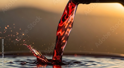 Red Wine Pouring into Glass with Splashes and Ripples.