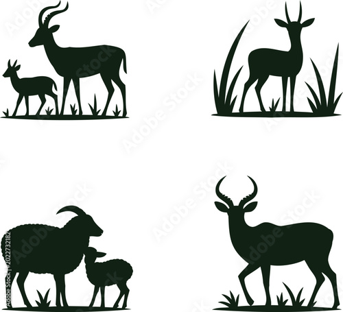 Foto Silhouette of various African antelope and goat species with grass wildlife illu