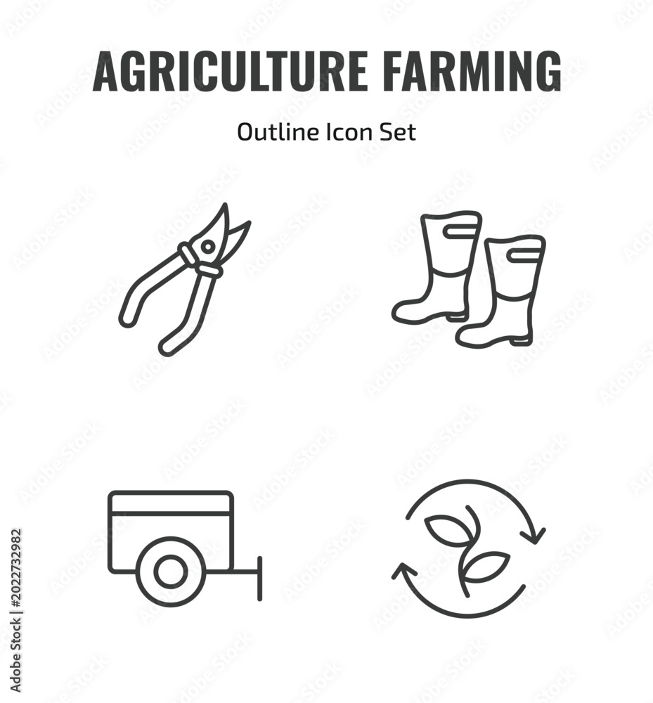 Fototapeta premium agriculture farming outline icon set. thin line shears, farmer boots, trailer, crop rotation icons. editable vector