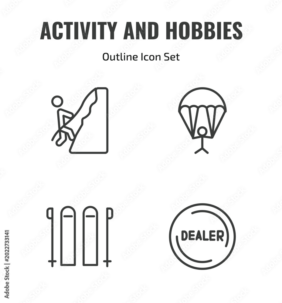 Fototapeta premium activity and hobbies outline icon set. thin line mountaineering, gliding parachutist, skii, dealer icons. editable vector