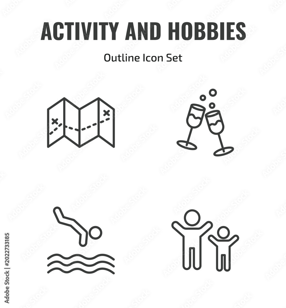 Fototapeta premium activity and hobbies outline icon set. thin line travelling, hang out, jumping to the water, aerobic icons. editable vector