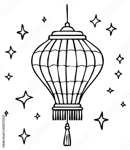 Hand drawn doodle style Asian lantern with decorative stars and tassel isolated on white background for festive celebration