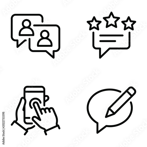 Online communication customer review feedback vector icons collection with speech bubble social media line art