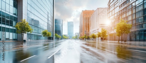 Urban street after rain with buildings and trees under cloudy sky