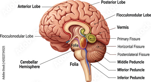 Bild auf Leinwand Educational anatomical diagram of the human cerebellum showing lobes and structu