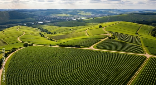Rolling green hills covered in meticulously ordered vineyards stretch towards a distant town