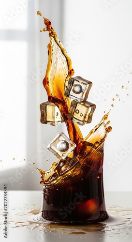 Ice cubes splash into a glass of refreshing cola.