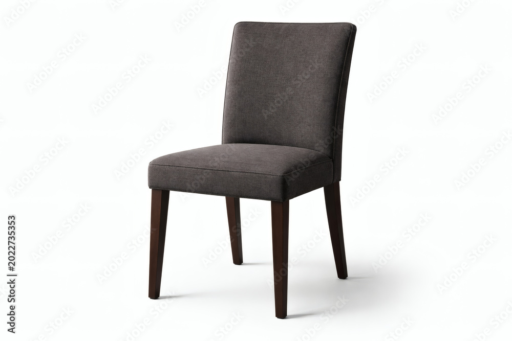 Fototapeta premium Modern grey upholstered dining chair with wooden legs isolated on white background. Elegant fabric furniture for contemporary interior design, home office, dining room and restaurant decor.